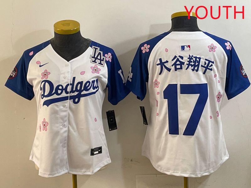 Youth Los Angeles Dodgers #17 Ohtani White Blue Sakura Edition 2025 Nike MLB Jersey style 14->youth mlb jersey->Youth Jersey
